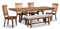 Cedar 6pc Dining Set with Table, Bench & 4 Chairs, Pine Wood, Trestle-Base, 72.07