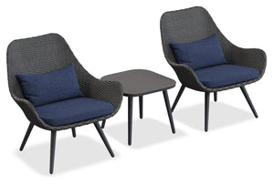 Costa 3-Piece Outdoor Patio Conversation Set with 2 Chairs & Coffee Table - Resin Wicker & Metal, UV & Weather Resistant - Dark Grey/Blue