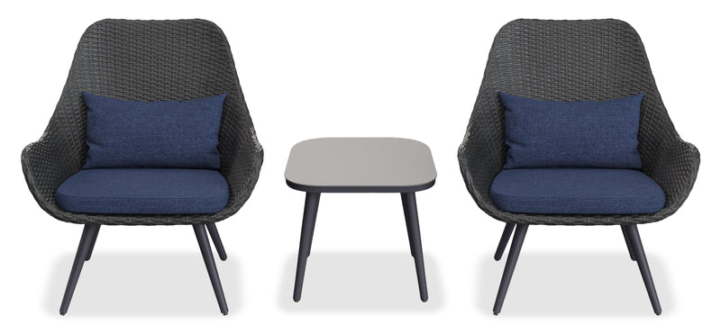 Costa 3-Piece Outdoor Patio Conversation Set with 2 Chairs & Coffee Table - Resin Wicker & Metal, UV & Weather Resistant - Dark Grey/Blue