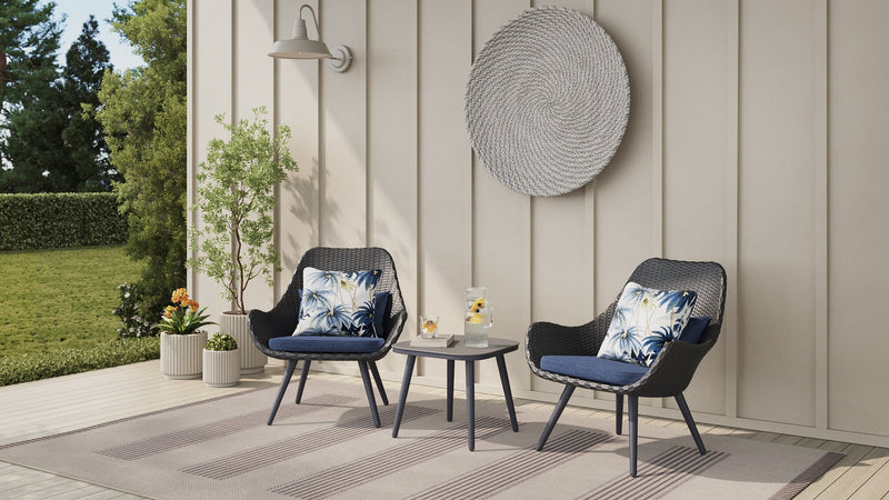 Costa 3-Piece Outdoor Patio Conversation Set with 2 Chairs & Coffee Table - Resin Wicker & Metal, UV & Weather Resistant - Dark Grey/Blue