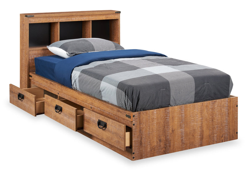 Driftwood Mates Bed with Bookcase Headboard Set for Kids, Brown - Twin Size