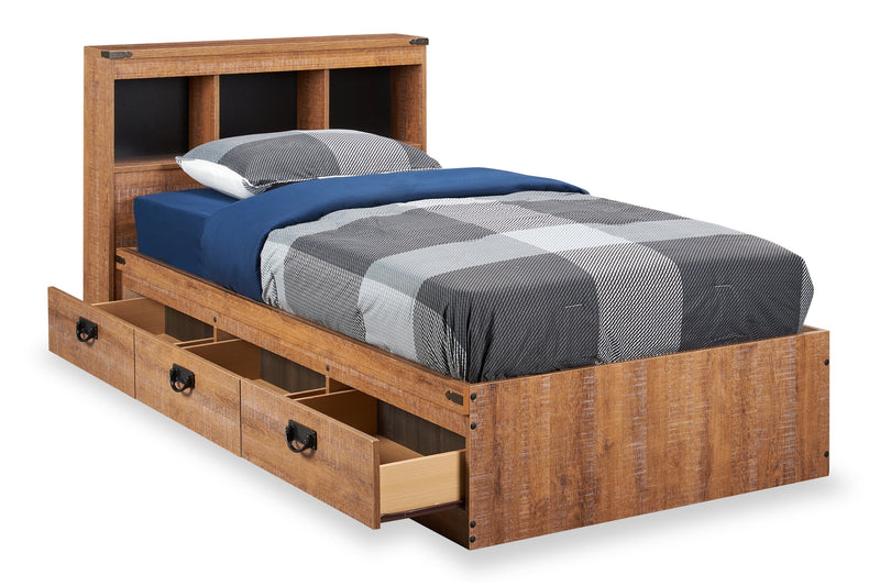 Driftwood Mates Bed with Bookcase Headboard Set for Kids, Brown - Twin Size