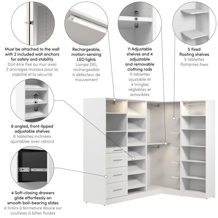 Bestar Florence 85\" Modular L-Shaped Walk-In Closet System with LED Lights, Rods, Drawers and Shoe Shelves Shaker Style - White