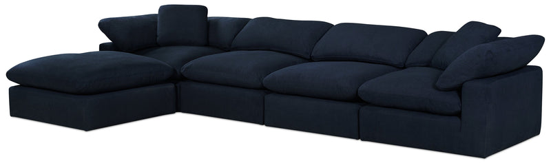 Eclipse Modular 5-Piece Linen-Look Fabric Sectional with Ottoman and Reversible Feather Down Cushions - Navy Blue