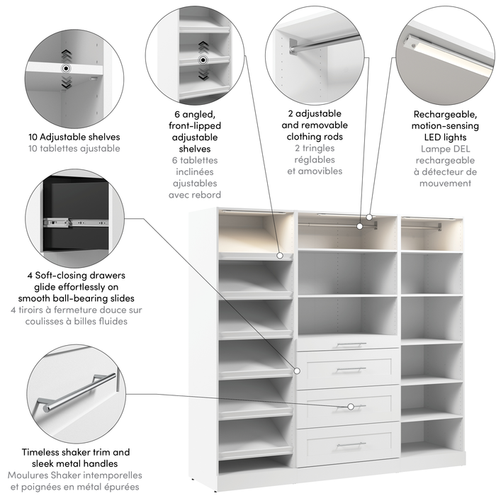 Bestar Florence 85\" Modular Reach-In/Walk-In Closet System with LED Lights, Drawers and Shoe Shelves Shaker Style - White