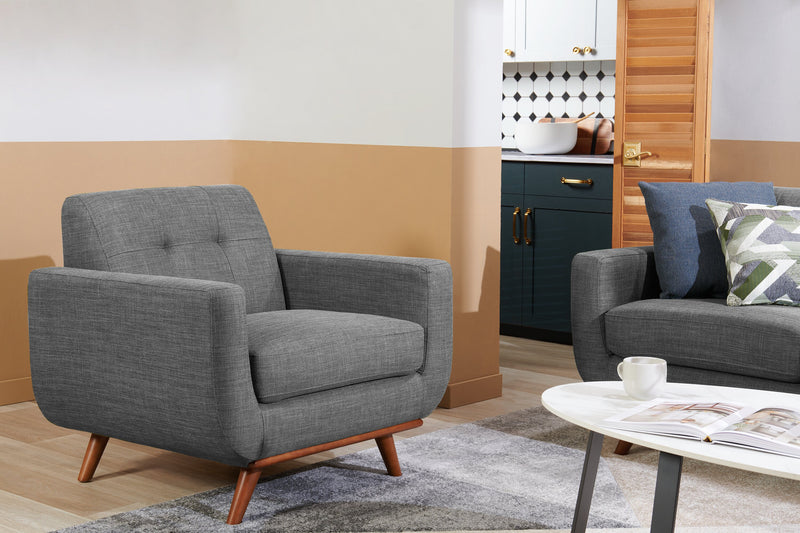 Kort & Co. Freeman 37\" Linen-Look Fabric Chair with Wood Legs and Tufted Back Cushion - Charcoal Grey