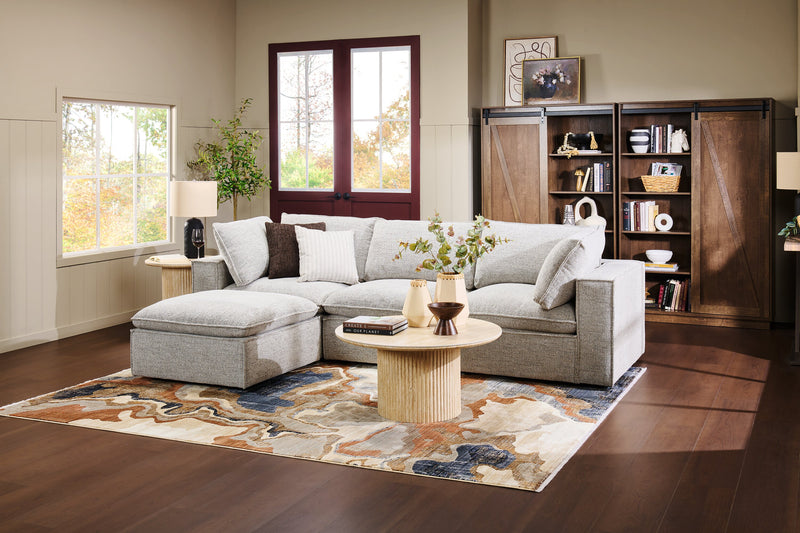 Fusion Modular 4-Piece Silver Grey Chenille Fabric Sectional with Feather Down Cushions and Ottoman
