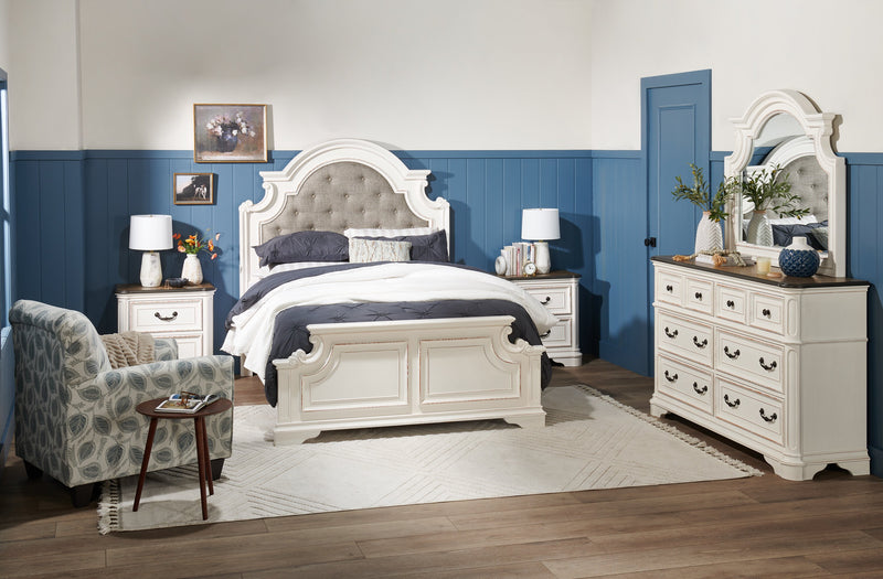 Grace Panel Bed with Headboard & Frame, Wooden, Fabric, Antique White - Queen Size