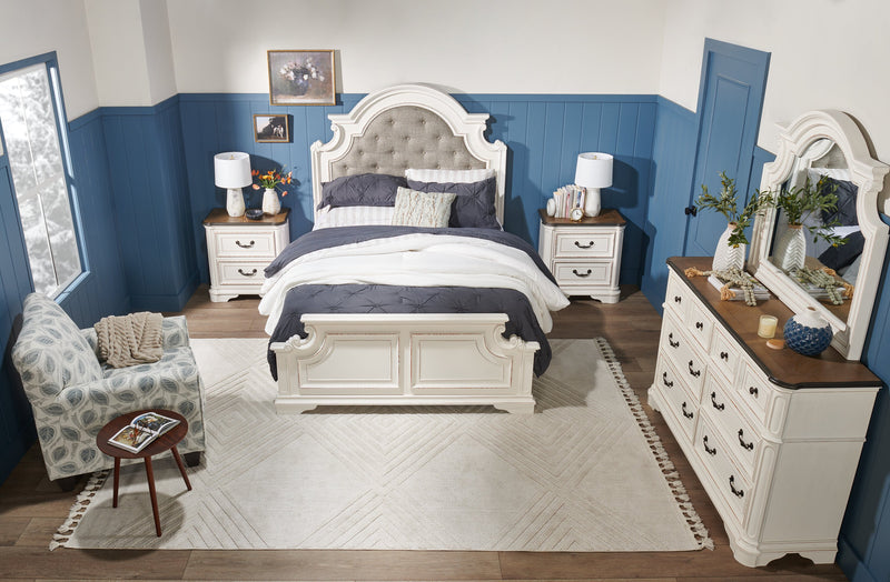 Grace Panel Bed with Headboard & Frame, Wooden, Fabric, Antique White - Queen Size