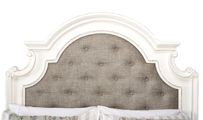 Grace Panel Bed with Headboard & Frame, Wooden, Fabric, Antique White - Queen Size