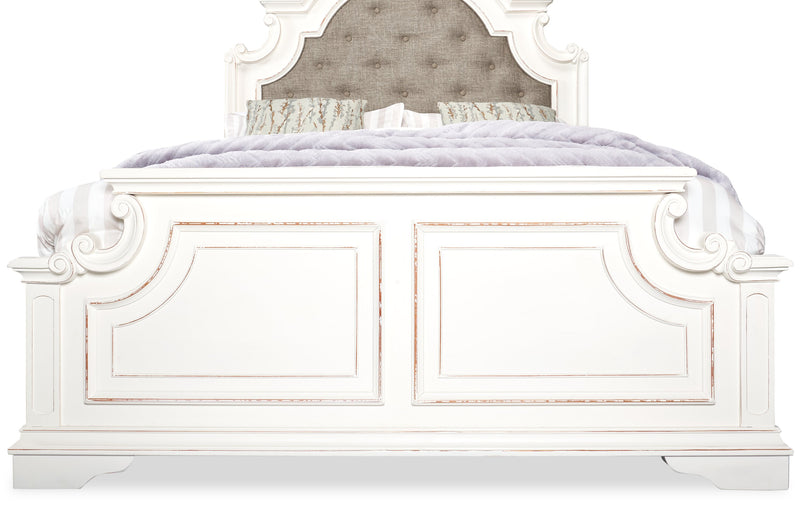 Grace Panel Bed with Headboard & Frame, Wooden, Fabric, Antique White - Queen Size