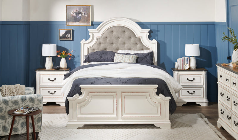 Grace Panel Bed with Headboard & Frame, Wooden, Fabric, Antique White - Queen Size