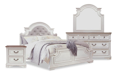 Grace 6pc Bedroom Set with Bed, Dresser, Mirror & Nightstand, Wooden, Fabric, Antique White - King Size | Ensemble de chambre à coucher Grace 6 pièces en bois et en tissu avec lit, commode, miroir et table de nuit, blanc antique - format très grand lit