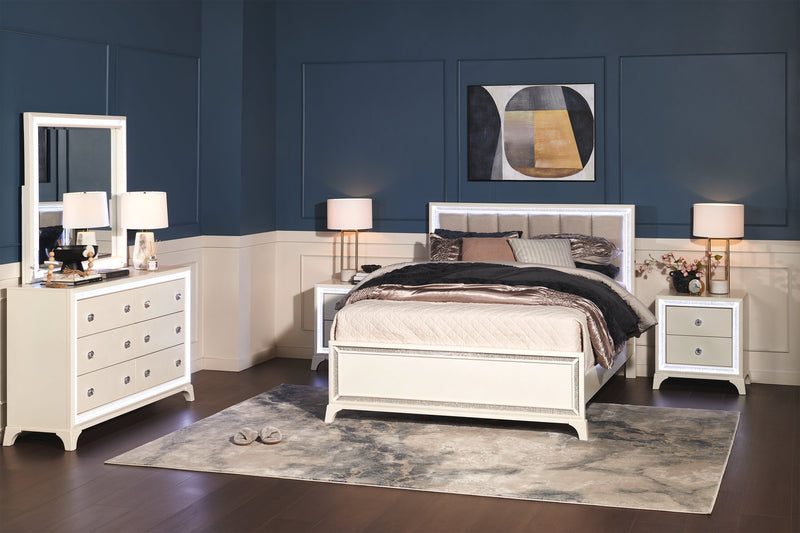 Halo Panel Bed with Headboard & Frame, LED, Glam, White - Queen Size