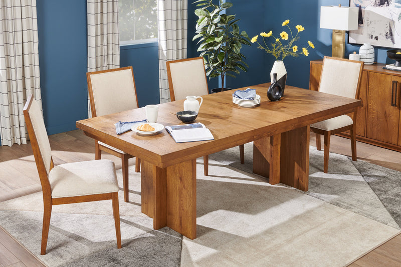 Scott Living Henri Dining Table with 66-84\"W Extension, Wood, Trestle Base - Brown