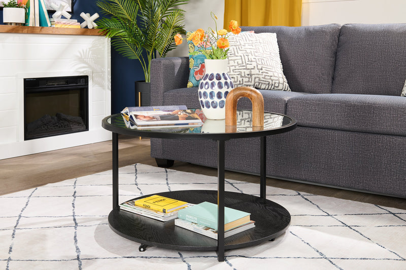Kendal 31.5\" Modern Round Glass Top Coffee Table with Casters - Black