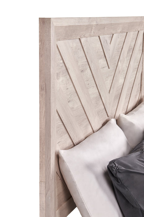 Lark Panel Bed with Headboard & Frame, Chevron Pattern, Rustic White - Queen Size