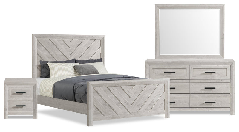 Lark 6pc Bedroom Set with Panel Bed, Dresser, Mirror & Nightstand, Rustic White - Queen Size
