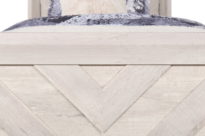 Lark Panel Bed with Headboard & Frame for Kids, Chevron Pattern, Rustic White - Twin Size