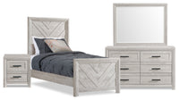 Lark 6pc Bedroom Set with Panel Bed, Dresser, Mirror & Nightstand, Rustic White - Twin Size 