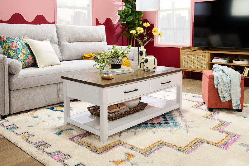 Kort & Co. Logan 23.25\" Traditional Coffee Table with Storage and Shelf - White and Walnut Oak 