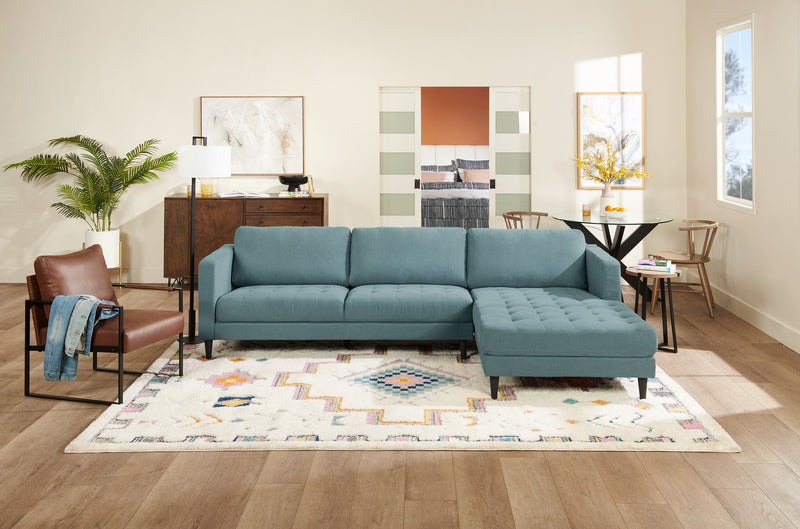 Metro 2-Piece Right-Facing Fabric Sectional with Chaise and Tufted Seat Cushions - Denim Blue