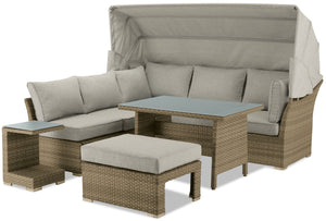 Montego 6-Piece Canopy Outdoor Patio Conversation Set with Canopy Sofa, 2 Armless Chairs, Ottoman, Glass Top Coffee & End Table - Hand-Woven Resin Wicker, UV & Weather Resistant - Natural/Beige