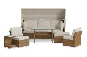 Montego 6-Piece Canopy Outdoor Patio Conversation Set with Canopy Sofa, 2 Armless Chairs, Ottoman, Glass Top Coffee & End Table - Hand-Woven Resin Wicker, UV & Weather Resistant - Natural/Beige