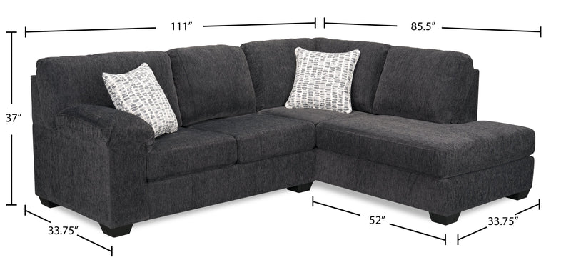 Made in Canada Morgan 2-Piece Right-Facing Chenille Fabric Sectional with Accent Pillows - Grey