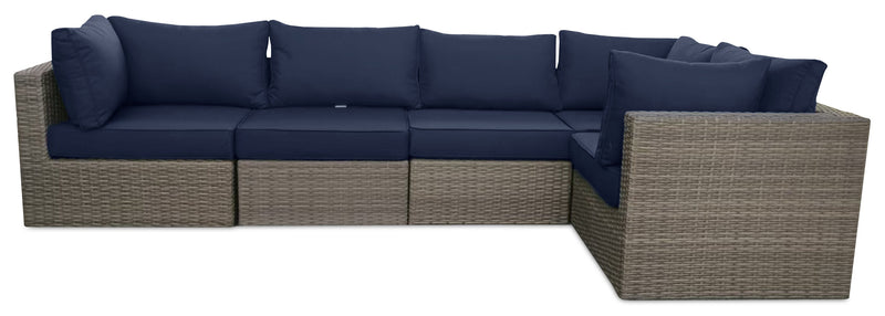 Naples 10-Piece Outdoor Patio Set with 3 Corner Chairs, 2 Armless Chairs, Chair, Large Ottoman, 2 Small Ottomans & Dining Height Table - Hand-Woven Resin Wicker, UV & Weather Resistant - Natural/Blue