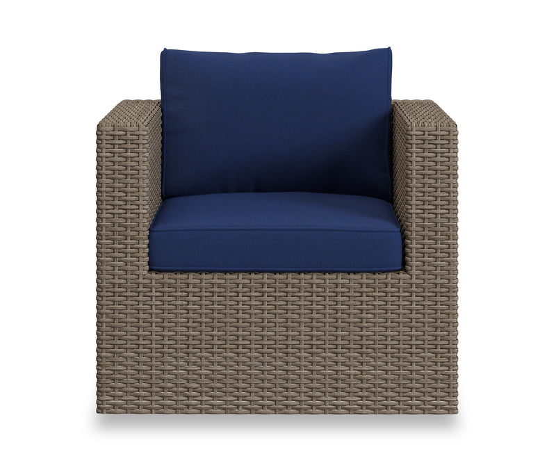 Naples 10-Piece Outdoor Patio Set with 3 Corner Chairs, 2 Armless Chairs, Chair, Large Ottoman, 2 Small Ottomans & Dining Height Table - Hand-Woven Resin Wicker, UV & Weather Resistant - Natural/Blue