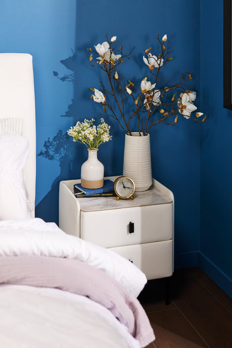 Nova Upholstered Bedside 2-Drawer Nightstand with Sintered Stone Top, 20.25\"W x 22.5\"H - White