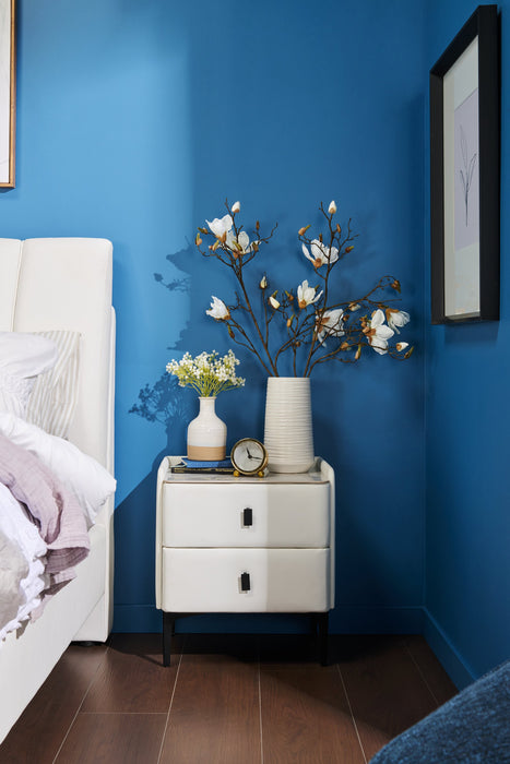 Nova Upholstered Bedside 2-Drawer Nightstand with Sintered Stone Top, 20.25\"W x 22.5\"H - White