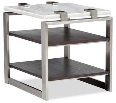 Paradox 22" Modern End Table with Shelf - White Marble Top with Brushed Platinum Frame|Table de bout moderne Paradox de 22 po avec tablette - dessus en marbre blanc avec armature platine brossé