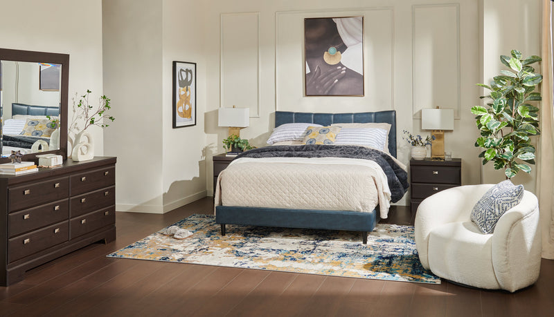 Paseo Platform Bed in Navy Vegan-Leather Fabric - Queen Size 