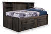 Piper Storage Bed with Bookcase Headboard for Kids, Solid Pine, Driftwood Grey - Full Size