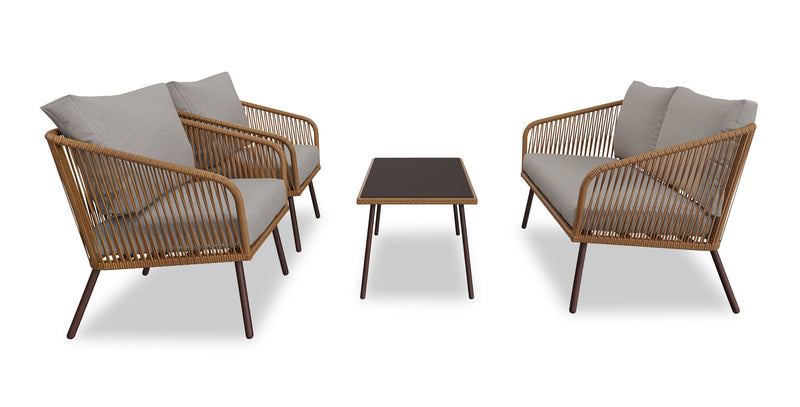 Porto 4-Piece Outdoor Patio Conversation Set with Loveseat, 2 Chairs & Coffee Table - Rope-like Wicker & Metal, UV & Weather Resistant - Natural/Beige