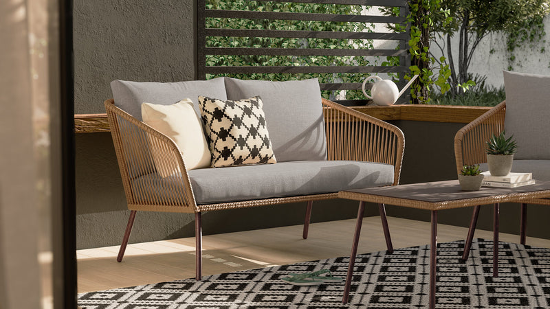 Porto 4-Piece Outdoor Patio Conversation Set with Loveseat, 2 Chairs & Coffee Table - Rope-like Wicker & Metal, UV & Weather Resistant - Natural/Beige