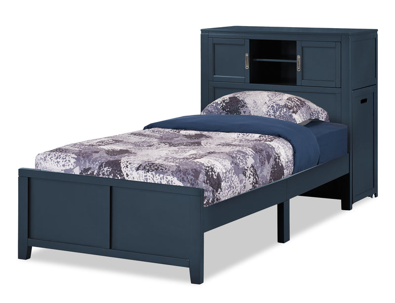 Quinn Platform Bed with Bookcase Headboard, Built-in Desk & Stool, Blue - Twin Size