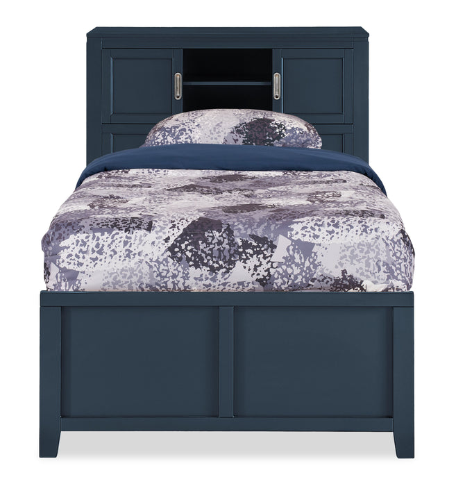 Quinn Platform Bed with Bookcase Headboard, Built-in Desk & Stool, Blue - Twin Size