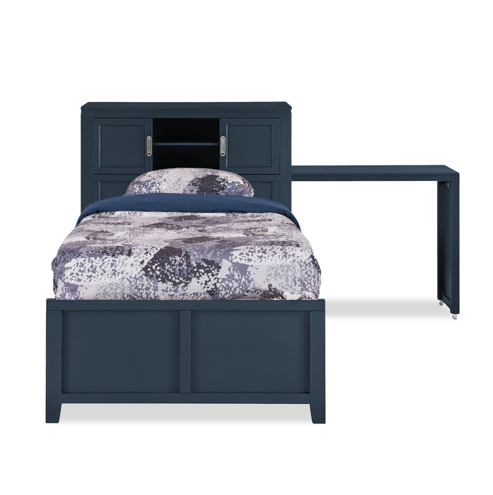 Quinn Platform Bed with Bookcase Headboard, Built-in Desk & Stool, Blue - Twin Size