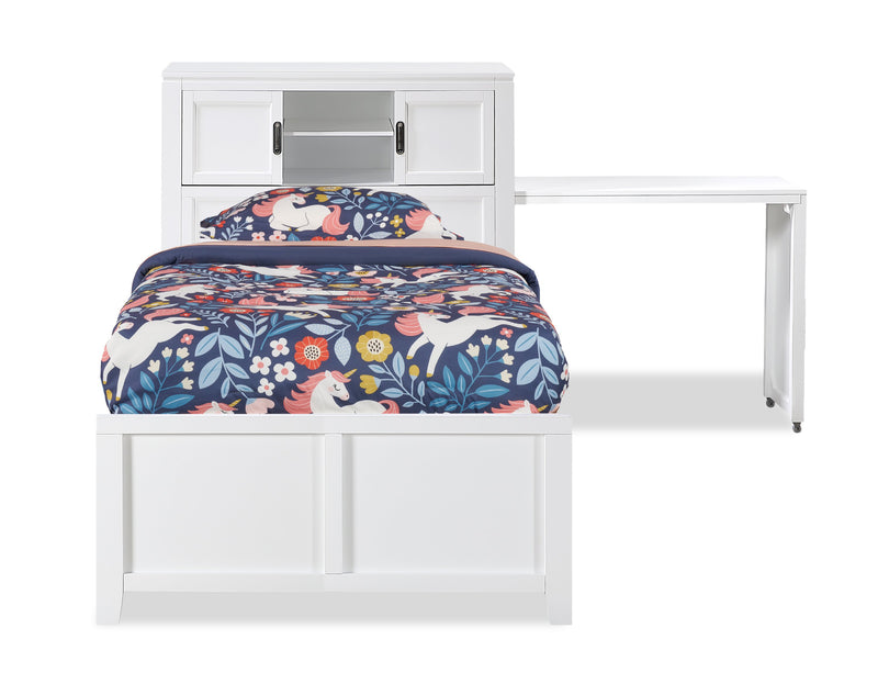 Quinn Platform Bed with Bookcase Headboard, Built-in Desk & Stool, White - Twin Size