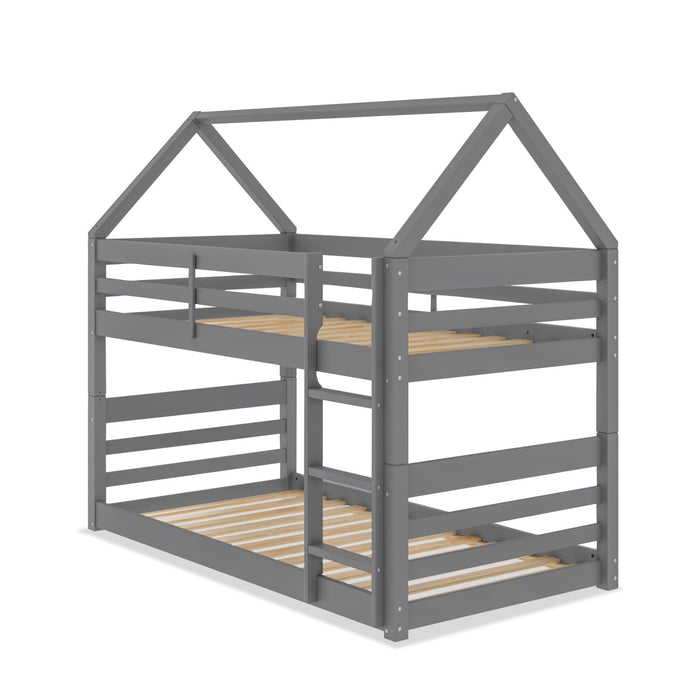 Gemma Twin Over Twin House Bunk Bed with Roof, Built-in Ladder & Guardrails for Kids - Grey