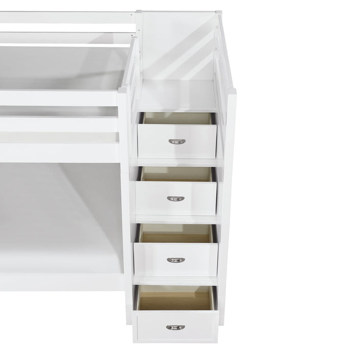 Quinn Bunk Bed with Built-in Staircase Dresser & Guard Rail for Kids, White - Twin/Twin
