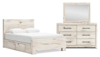 Derekson 5pc Bedroom Set with Side Storage Bed, Dresser & Mirror, Rustic White - Full Size 