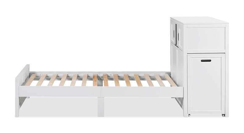 Quinn Platform Bed with Bookcase Headboard, Built-in Desk & Stool, White - Twin Size