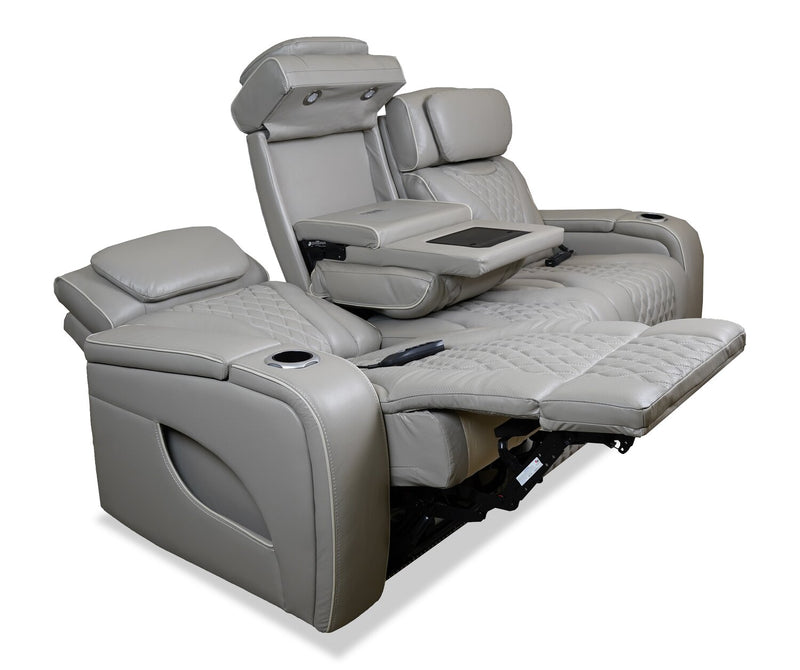 Elite 86\" Genuine Leather Massage Power Reclining Sofa with Immersive Audio and Power Headrests - Putty