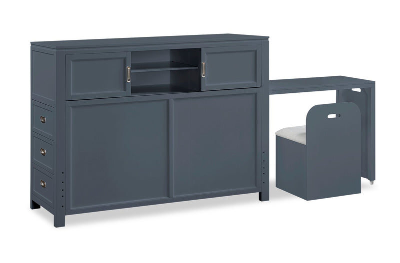 Quinn Platform Bed with Bookcase Headboard, Built-in Desk & Stool, Blue - Full Size