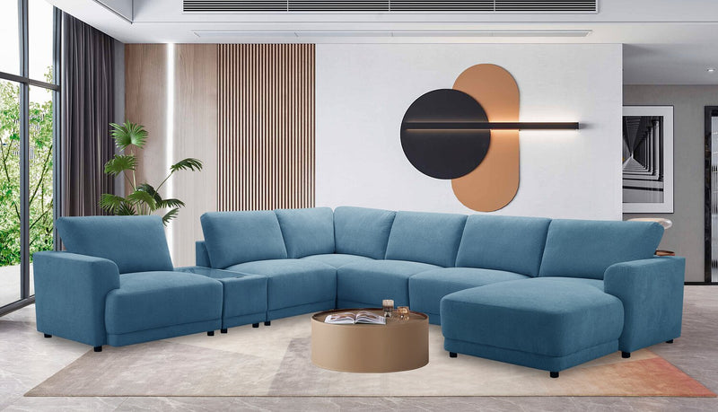 Voyage Modular 7-Piece Right-Facing Fabric Sectional with Console and Removable Back Cushions – Blue