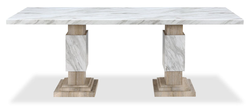 Vega Dining Table, Marble Look, Pedestal Base, 82\"W - Natural & White